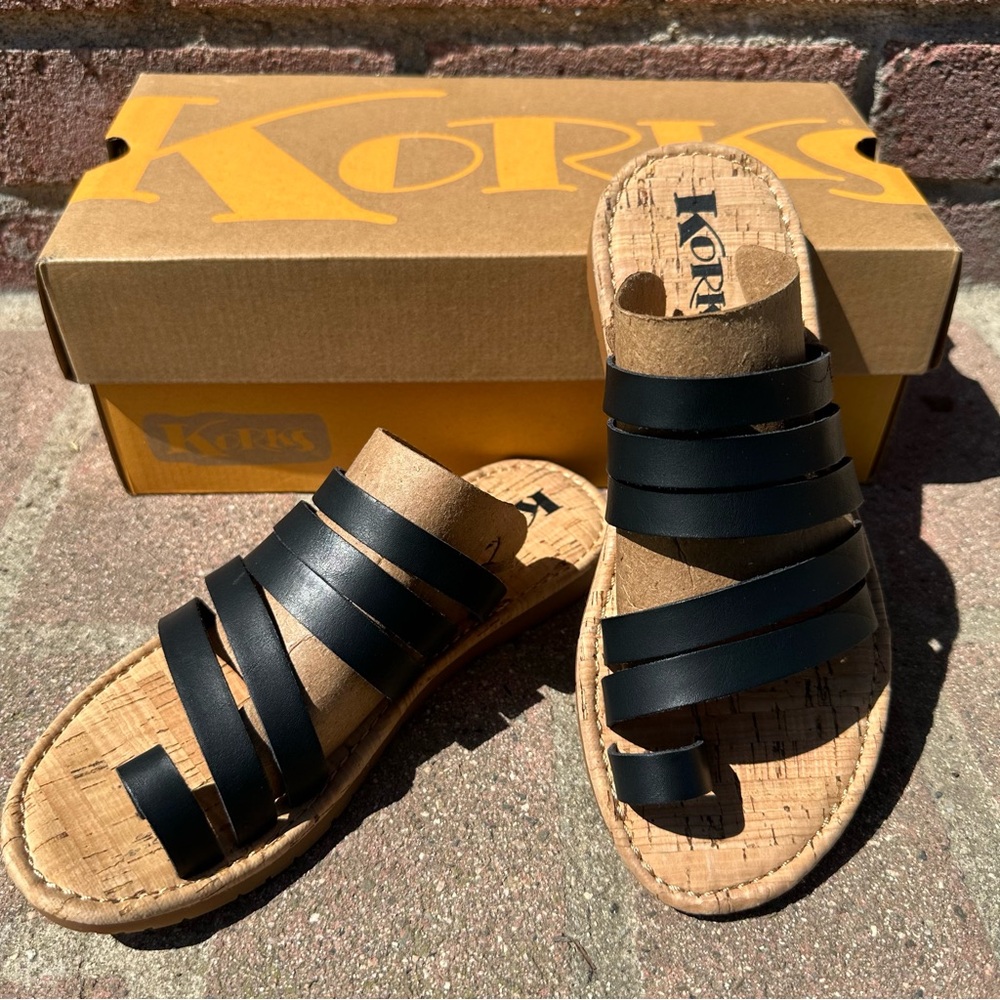 Korks Kork Ease Shay Black Strappy Cork Slide Sandals NEW